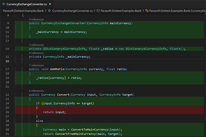 図1：Visual Studio Codeのカバレッジ視覚化イメージ