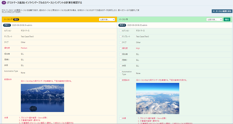 テストケースバージョン管理の画面イメージ