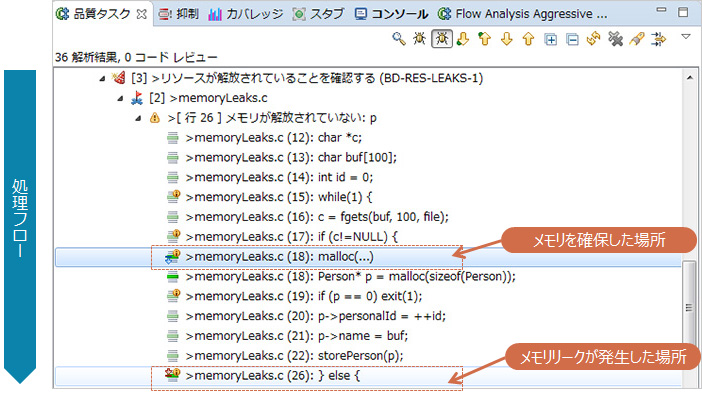 静的解析ツールC/C++test：メモリリークを検出した結果の例：フロー解析